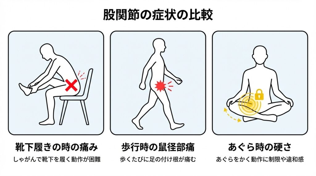 症状が出る動作の比較図(屈曲制限・痛み・詰まり感それぞれの特徴的な動作)